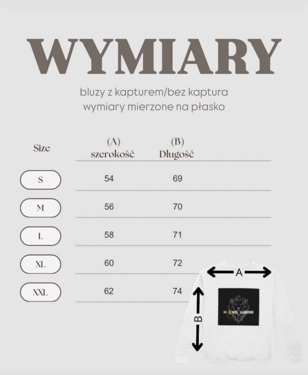 Tabela wymiarów dla bluz z kapturem i bez, wskazująca rozmiary S, M, L, XL, XXL.