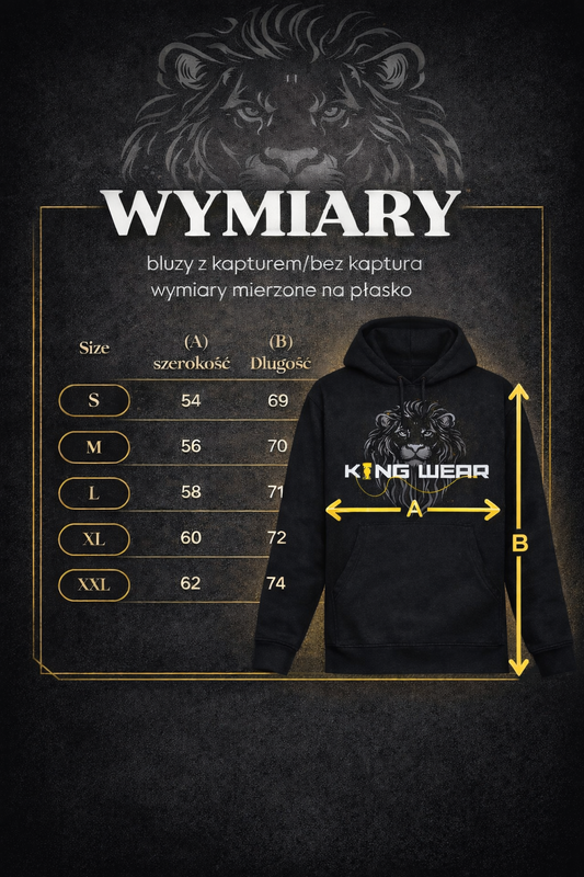 Wymiary haftowanej bluzy z kapturem z logo KING WEAR, tabela rozmiarów z informacjami o szerokości i długości.