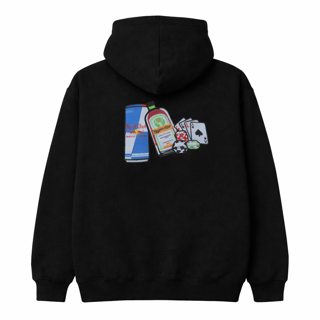 Bluza haftowana Redbull&Jäger z haftem przedstawiającym napoje i karty na plecach.
