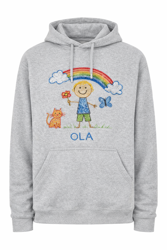 Bluza z haftem z rysunku dziecka – personalizowana bluza na prezent z kolorowym haftem postaci i imieniem Ola.